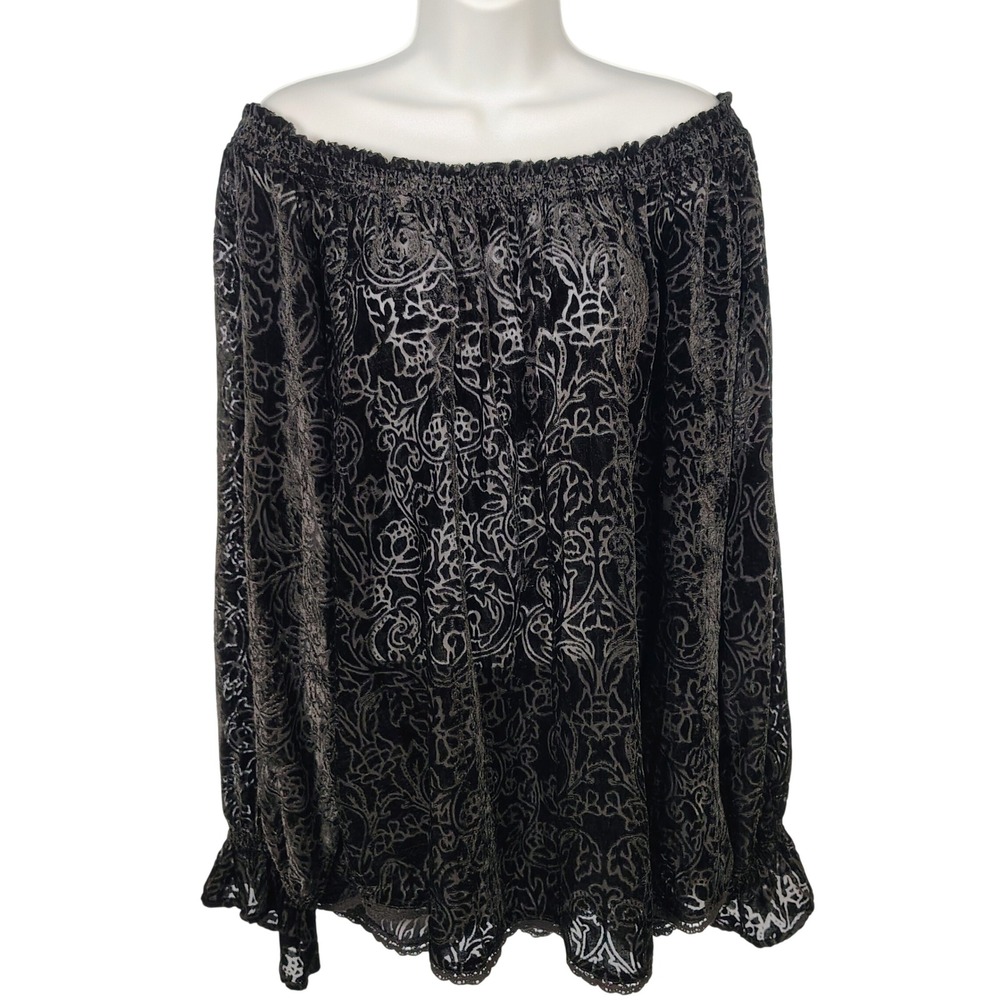 Tantrums XXL Black Burnout Velvet Damask Off Shoulder Ruffle Blouse Top